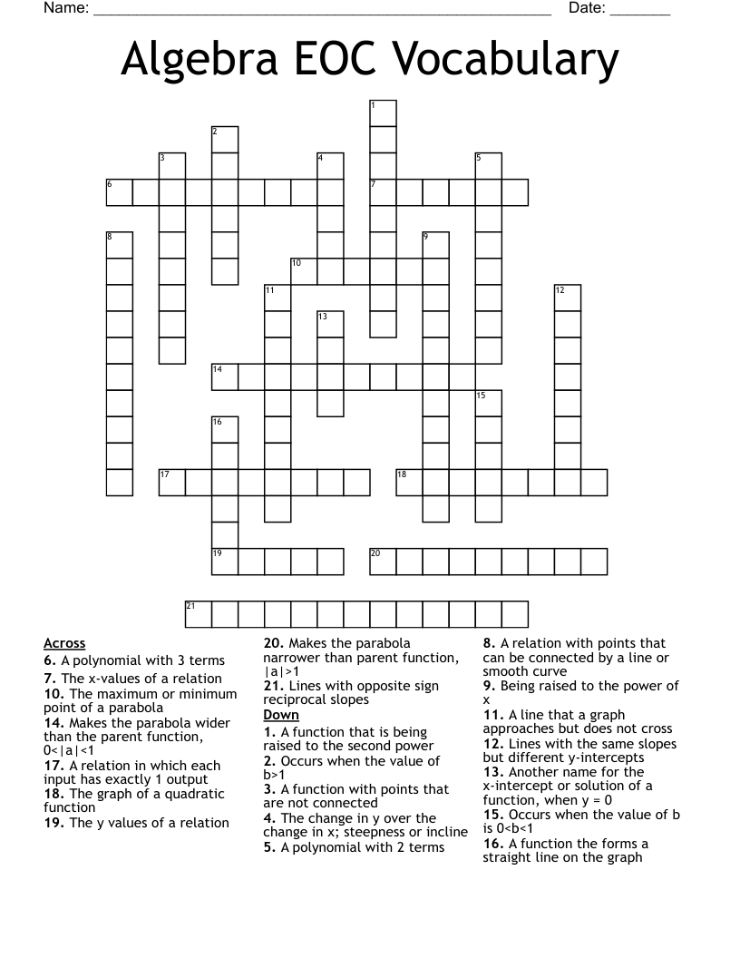 Algebra EOC Vocabulary Crossword