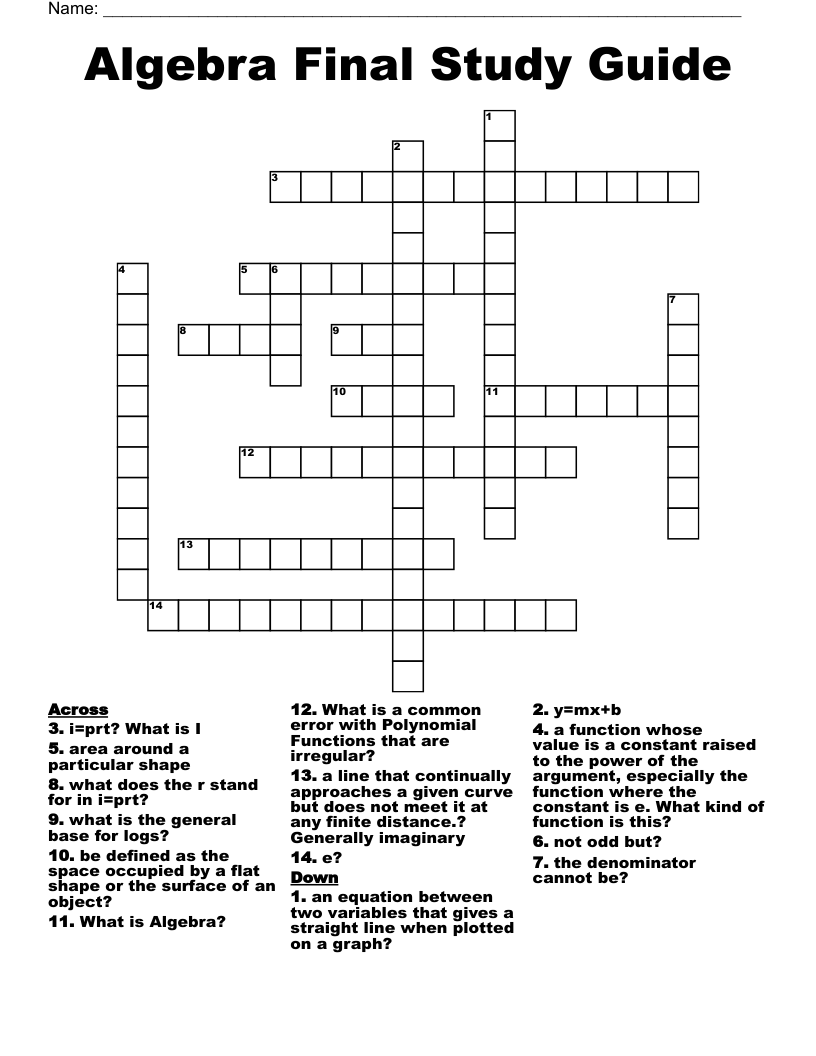 Algebra Final Study Guide Crossword