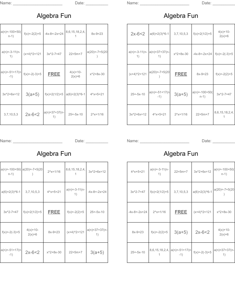 Algebra Fun Bingo Cards