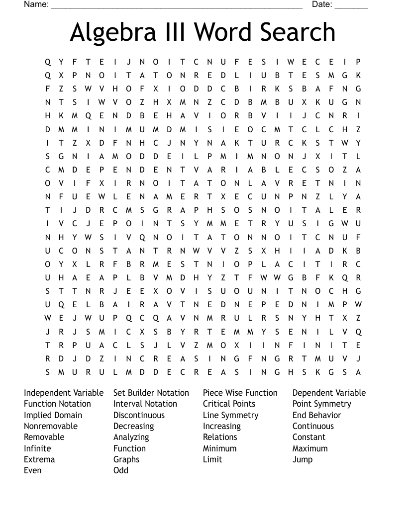 Algebra III Word Search