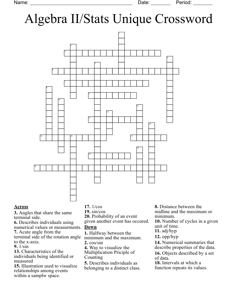 Algebra II/Stats Unique Crossword