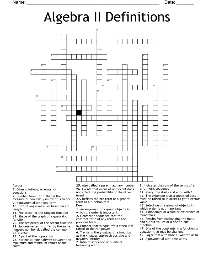 Algebra II Definitions Crossword
