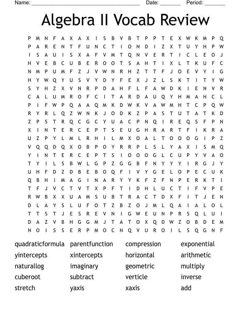 Algebra II Vocab Review Word Search