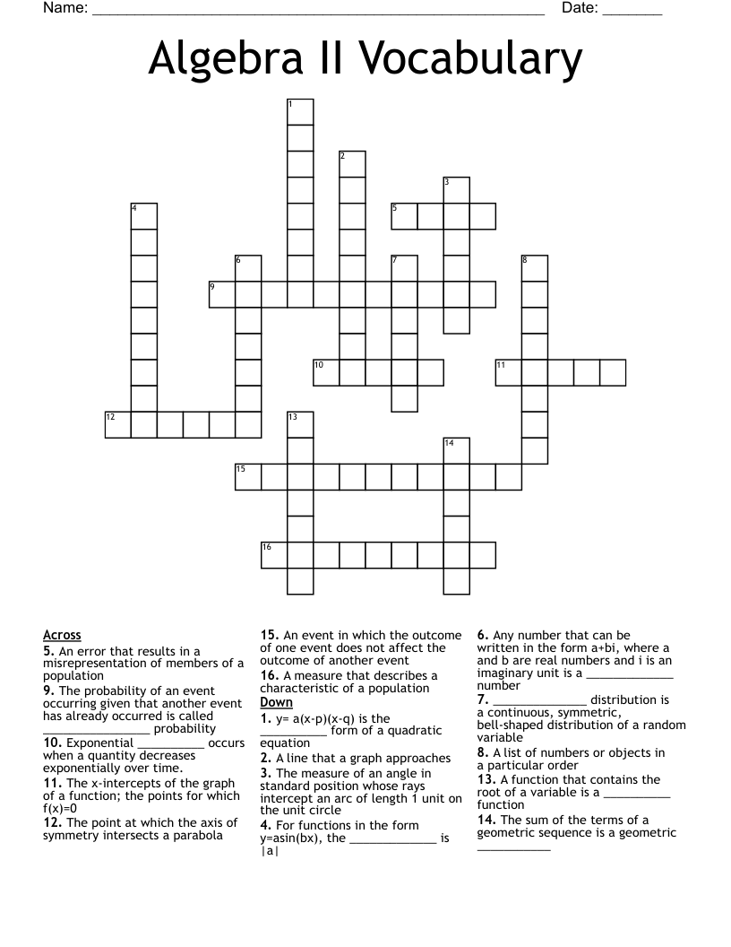 Algebra II Vocabulary Crossword
