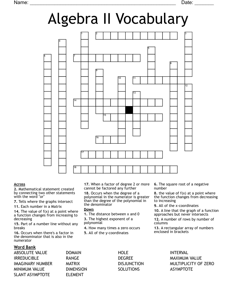 Algebra II Vocabulary Crossword
