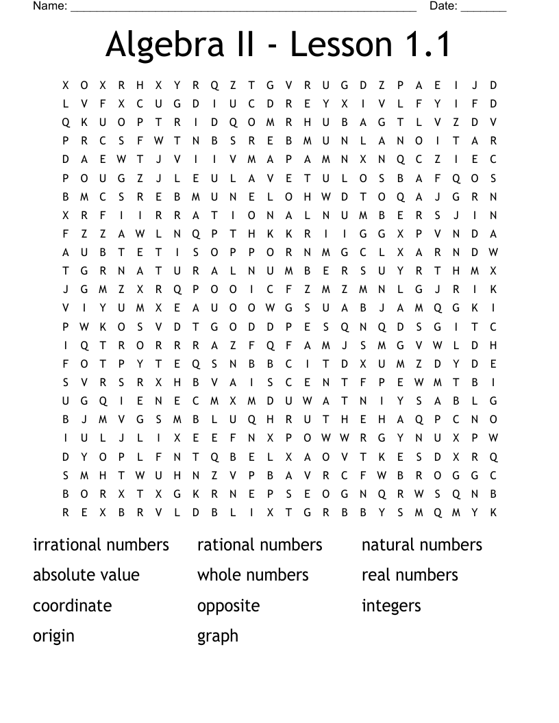 Algebra II - Lesson 1.1 Word Search