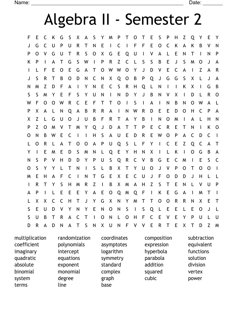 Algebra II - Semester 2 Word Search