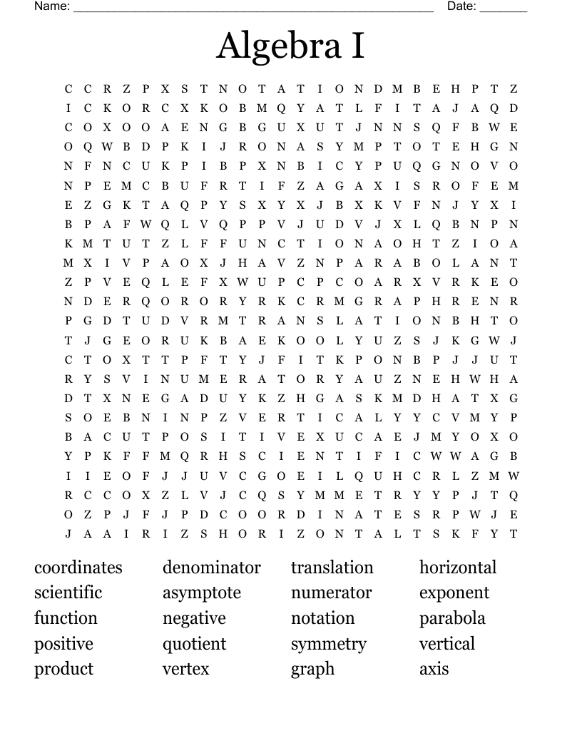 Algebra I Word Search
