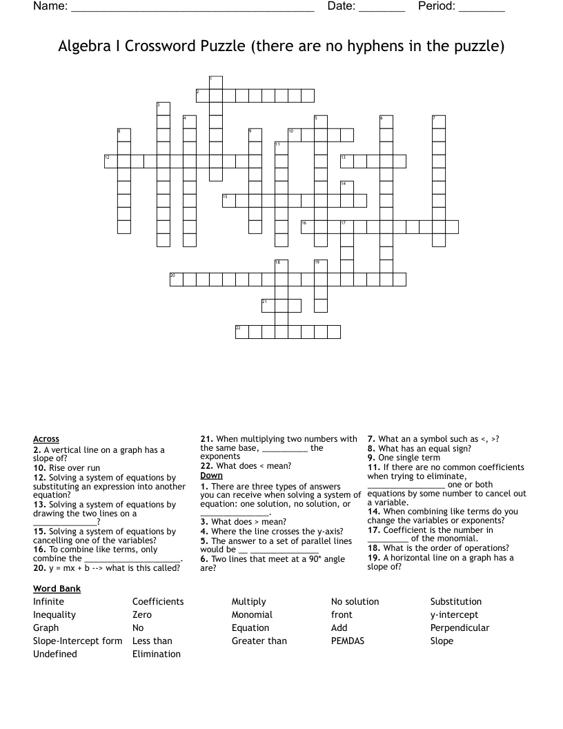 Algebra I Crossword Puzzle (there are no hyphens in the puzzle)