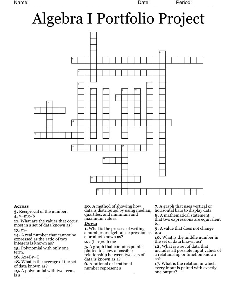 Algebra I Portfolio Project Crossword