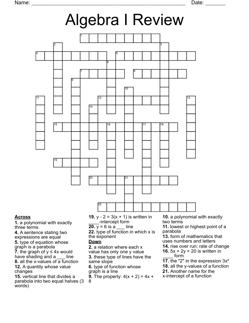 Algebra I Review Crossword