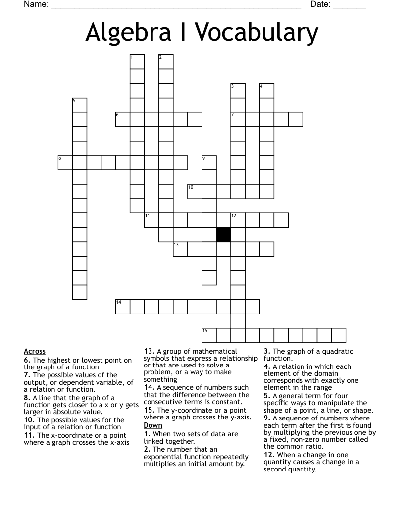Algebra I Vocabulary Crossword