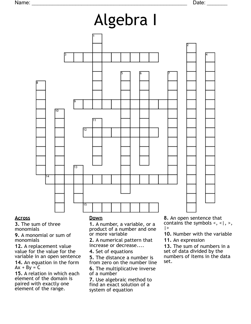 Algebra I  Crossword