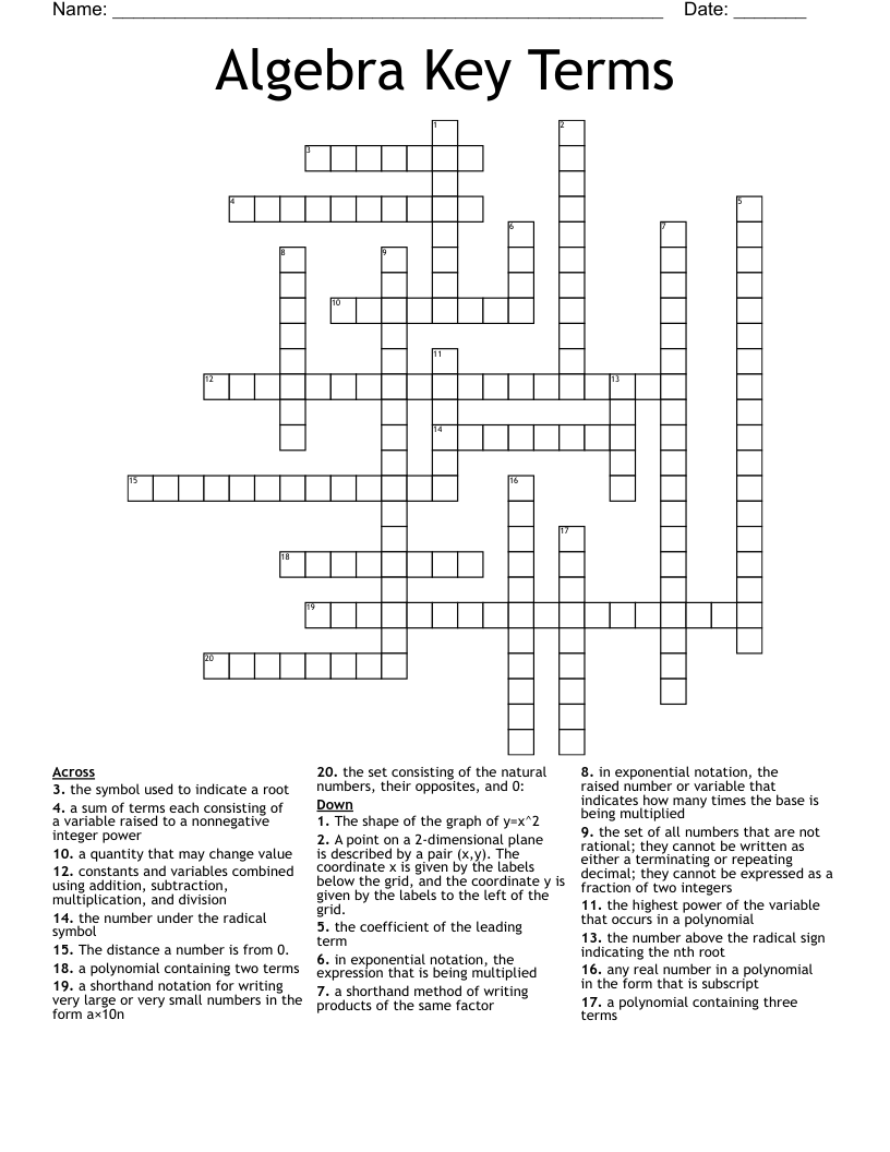 Algebra Key Terms Crossword