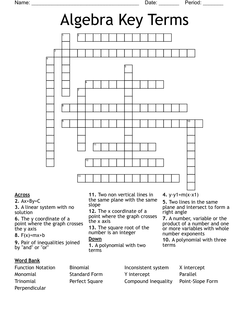 Algebra Key Terms Crossword