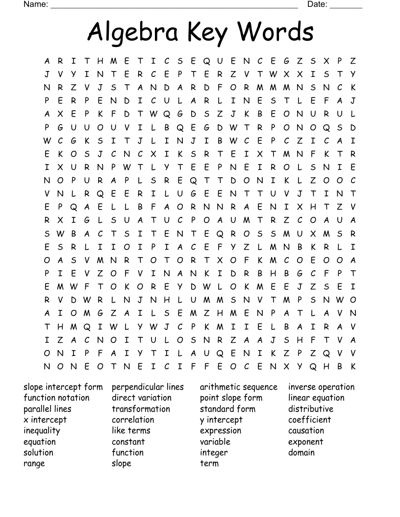 Algebra Key Words Word Search