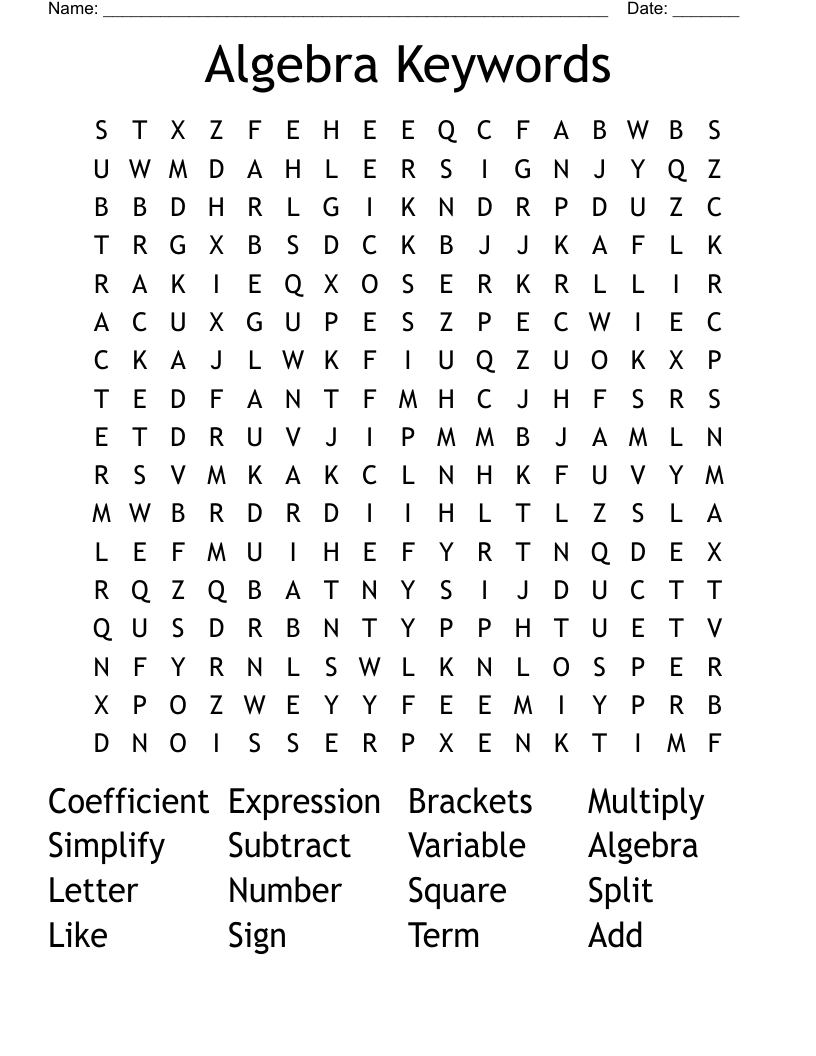 Algebra Keywords  Word Search