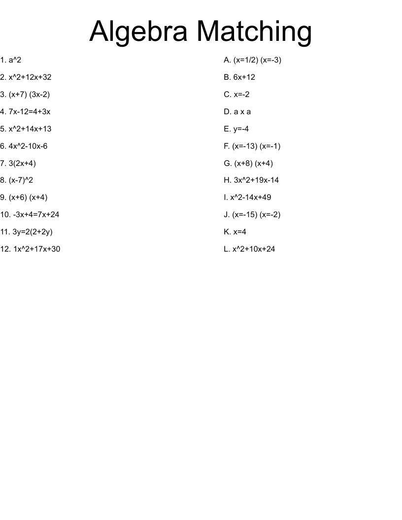 Algebra Matching Worksheet