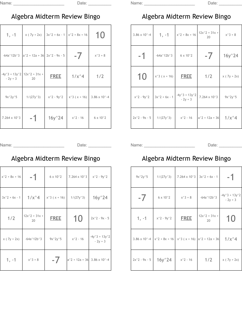 Algebra Midterm Review Bingo