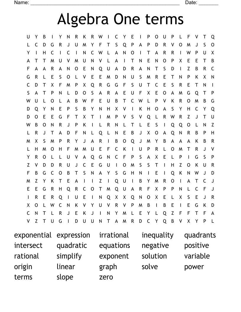 Algebra One terms Word Search