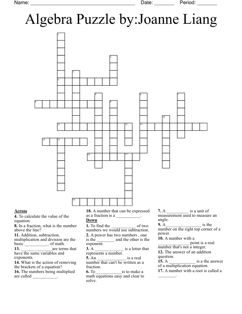 Algebra Puzzle by:Joanne Liang Crossword