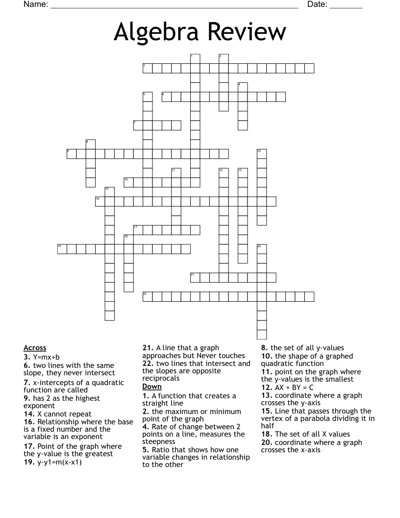 Algebra Review Crossword
