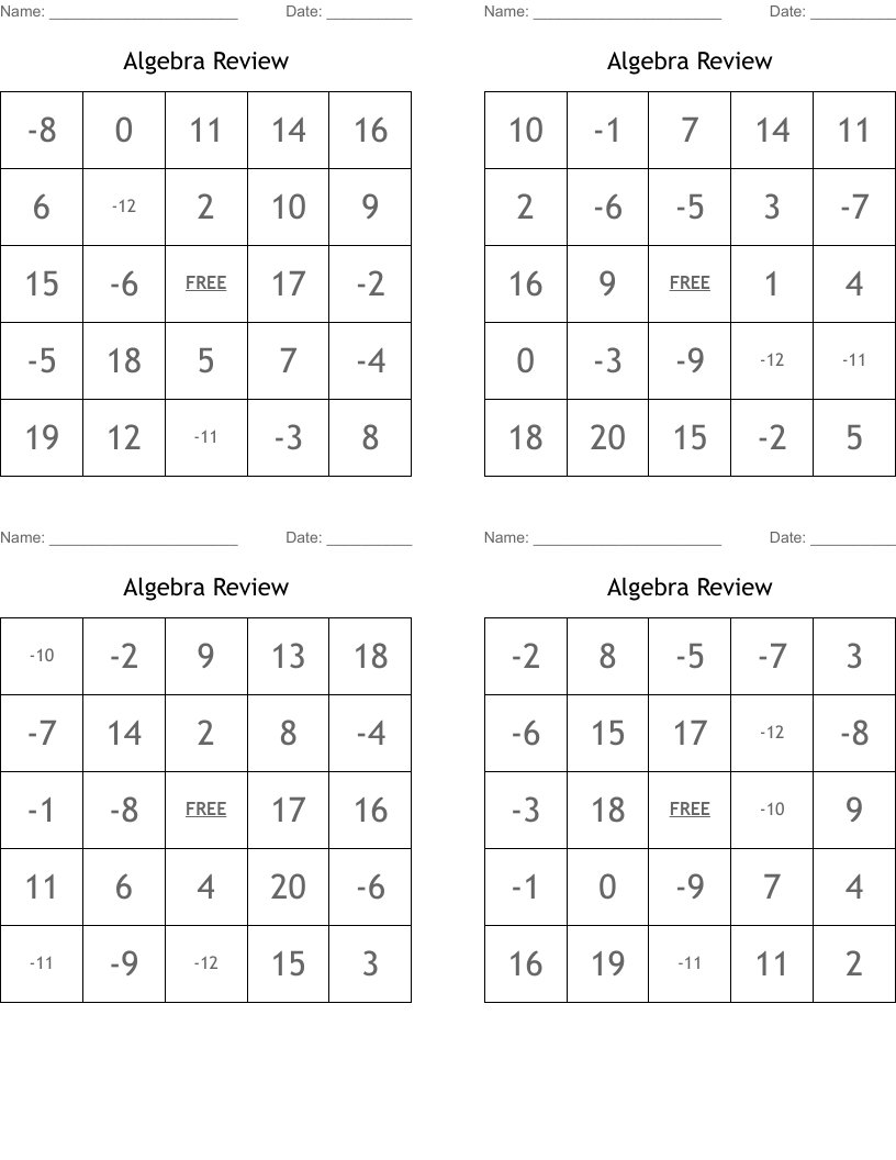 Algebra Review Bingo Cards