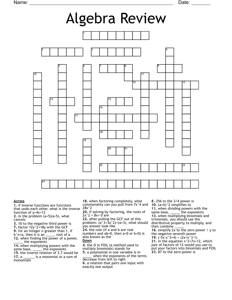Algebra Review Crossword
