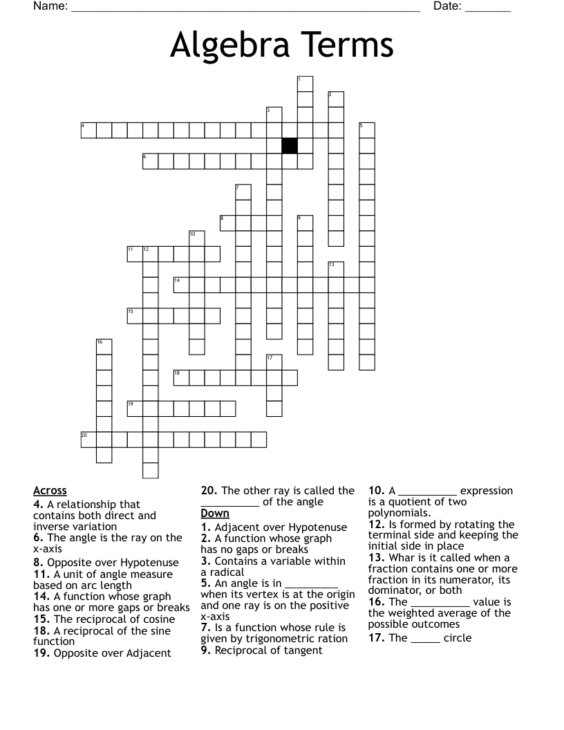 Algebra Terms Crossword