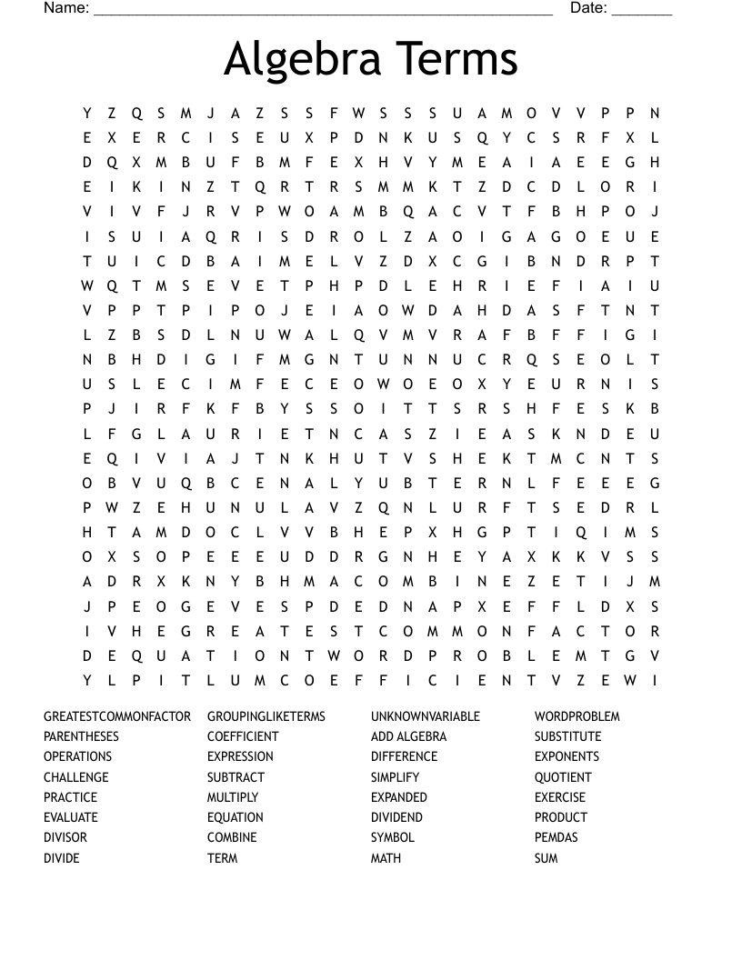 Algebra Terms Word Search