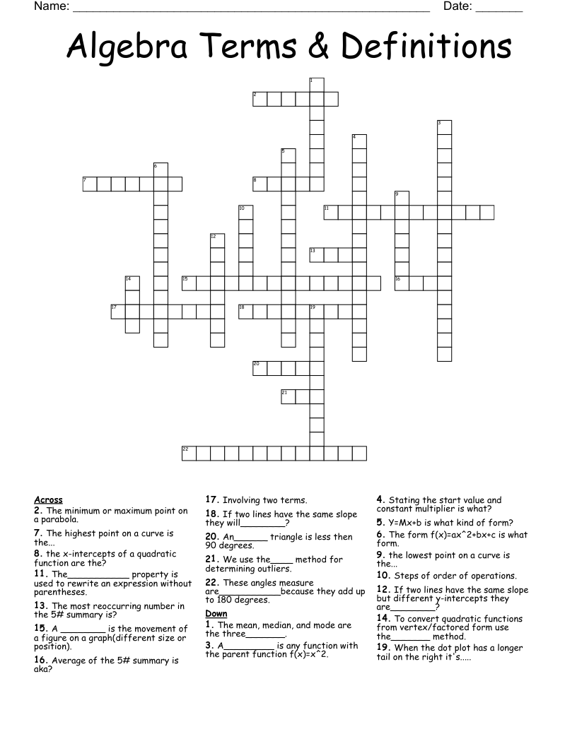 Algebra Terms & Definitions  Crossword