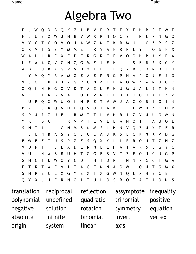 Algebra Two Word Search