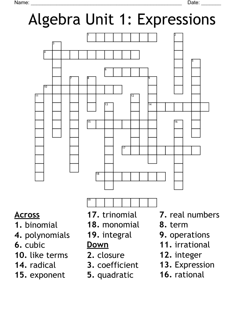 Algebra Unit 1: Expressions Crossword