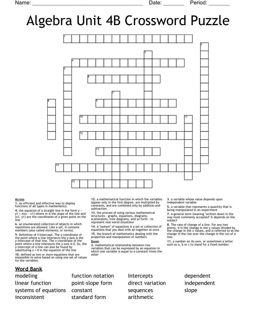Algebra Unit 4B Crossword Puzzle