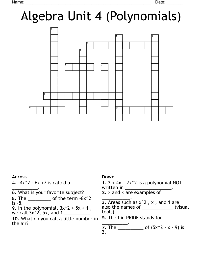 Algebra Unit 4 (Polynomials) Crossword