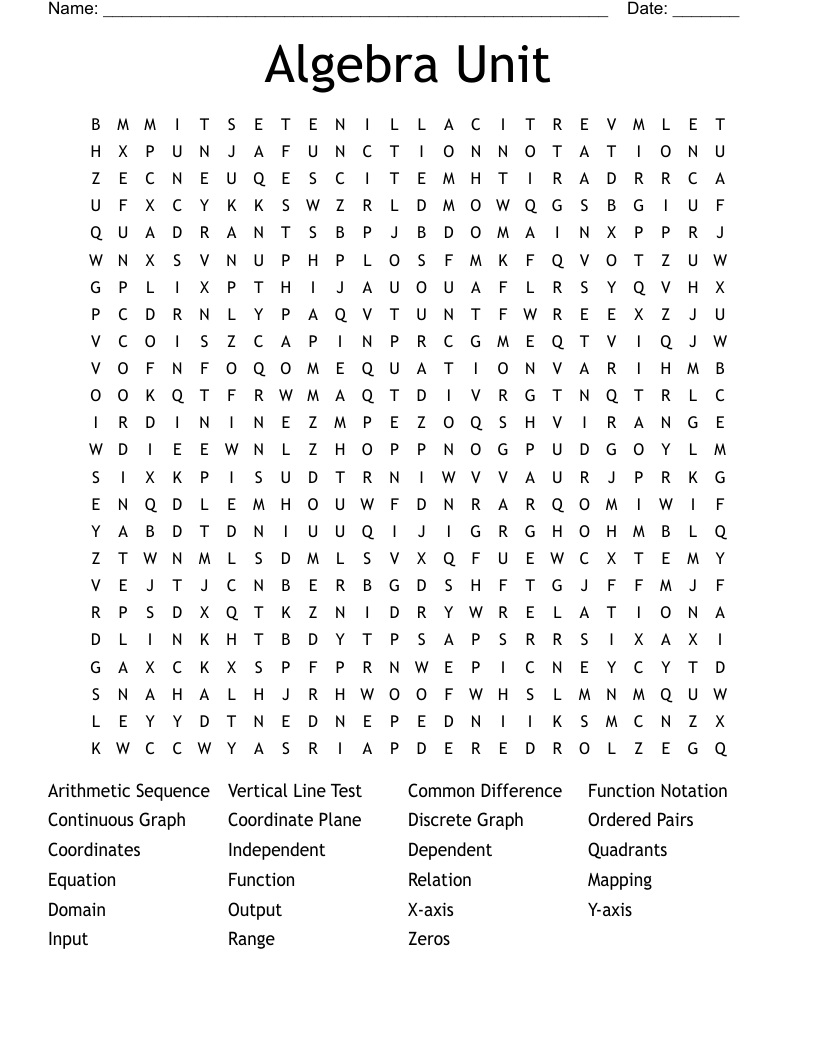 Algebra Unit  Word Search