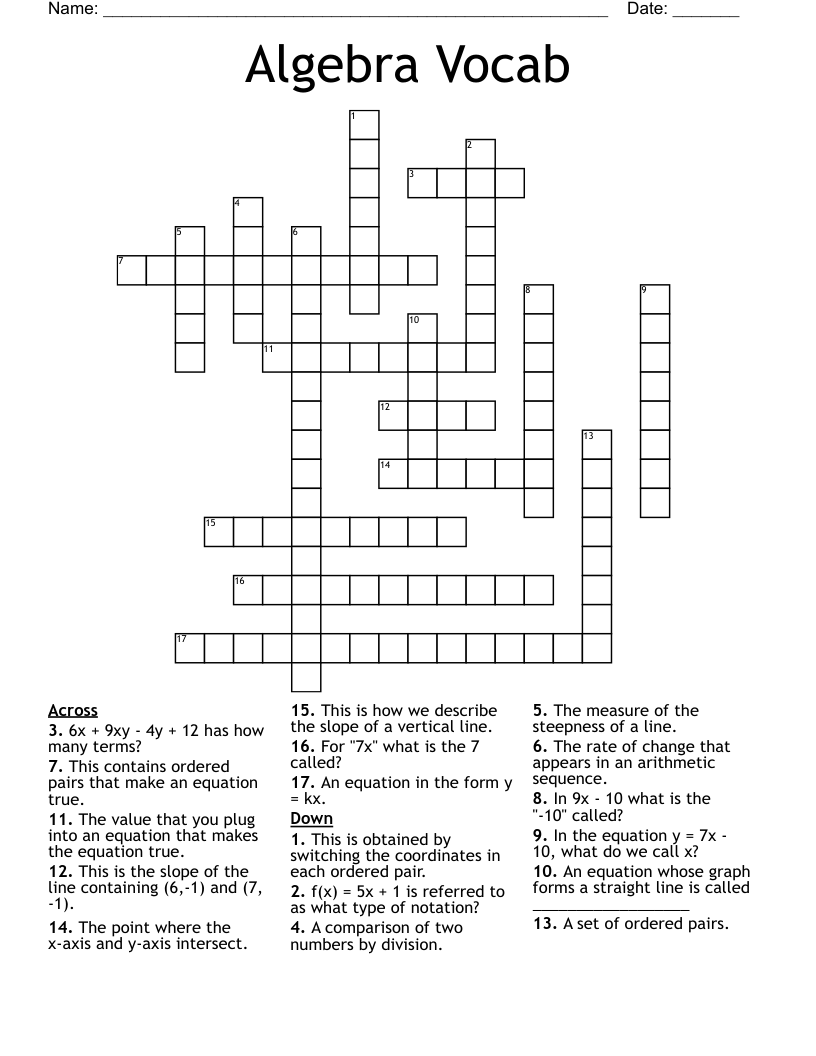 Algebra Vocab Crossword