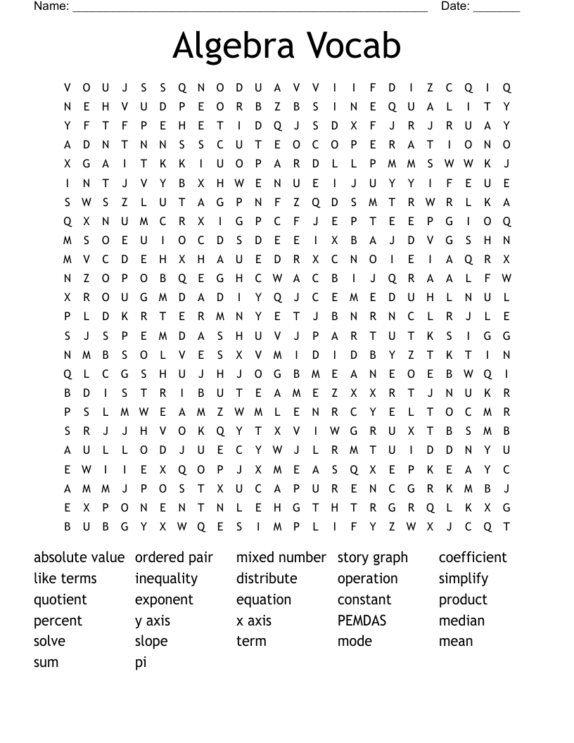 Algebra Vocab Word Search