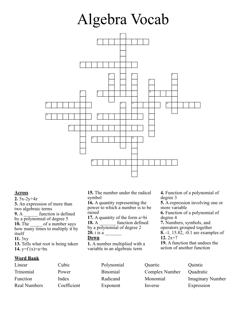 Algebra Vocab Crossword