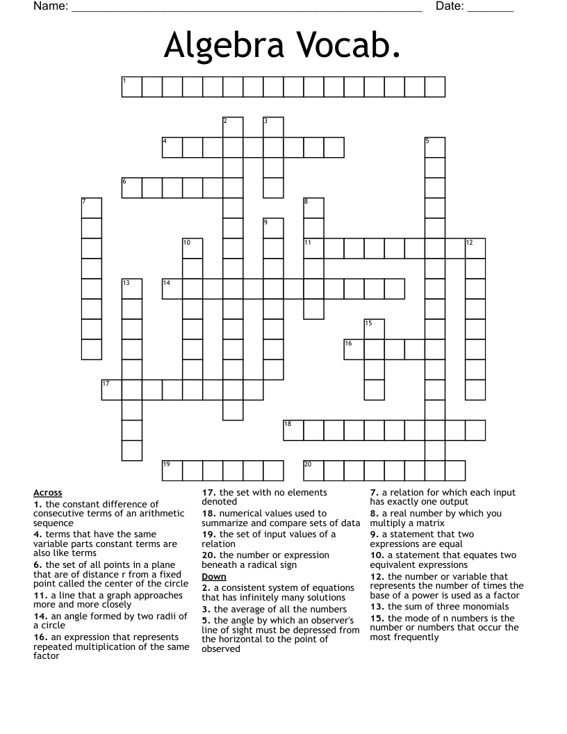 Algebra Vocab.  Crossword