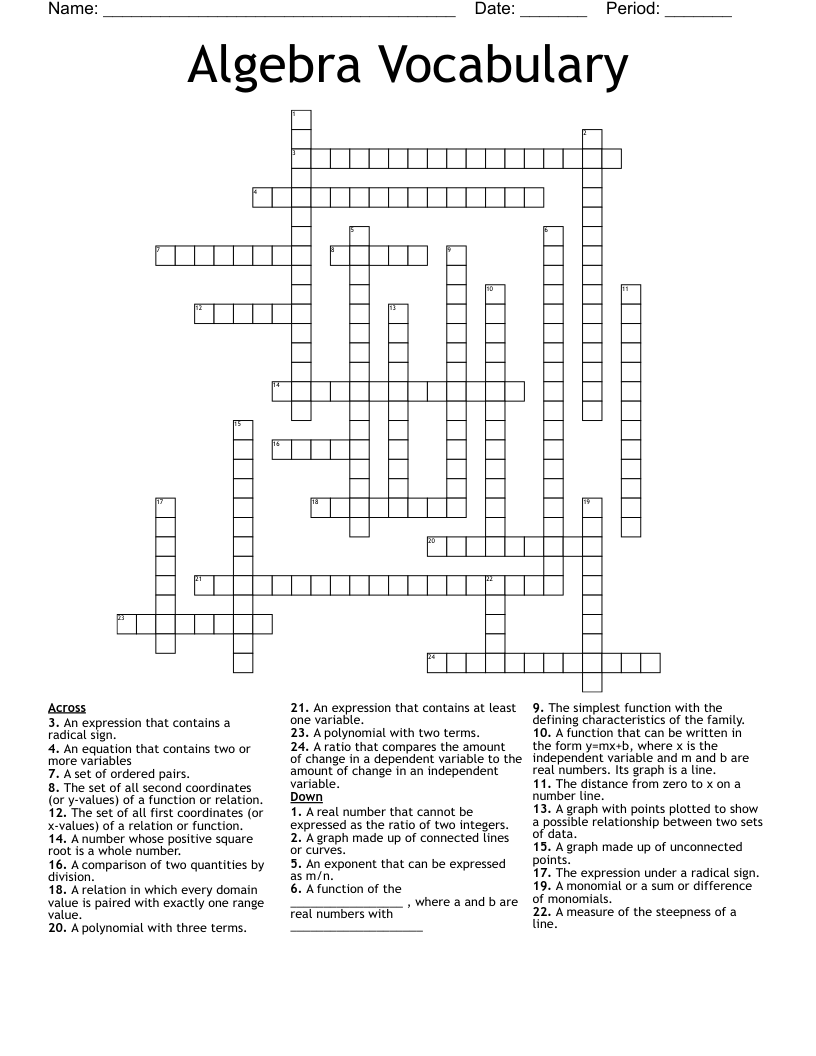 Algebra Vocabulary Crossword