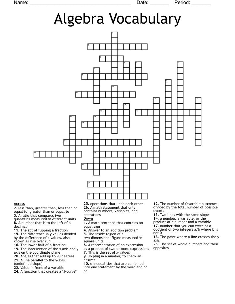Algebra Vocabulary Crossword