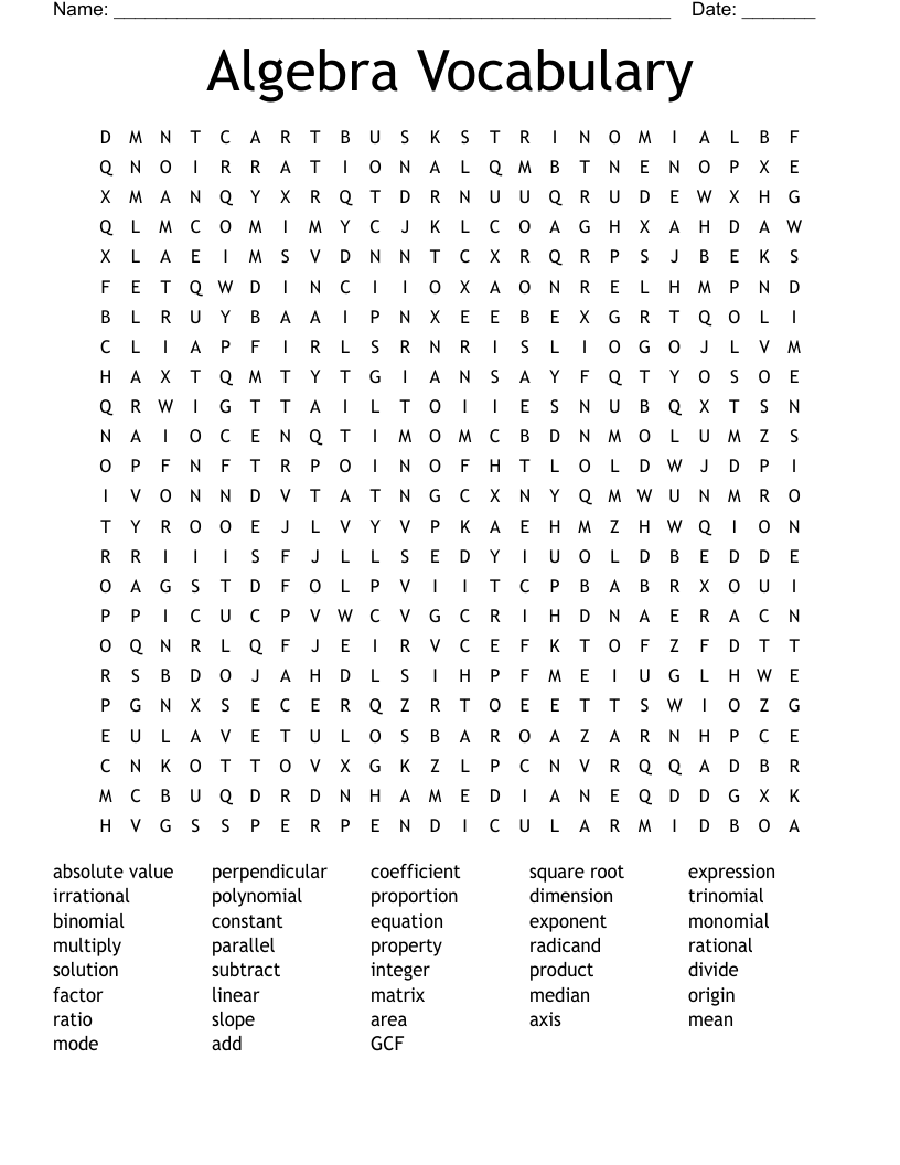 Algebra Vocabulary Word Search