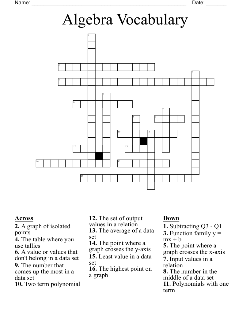 Algebra Vocabulary Crossword