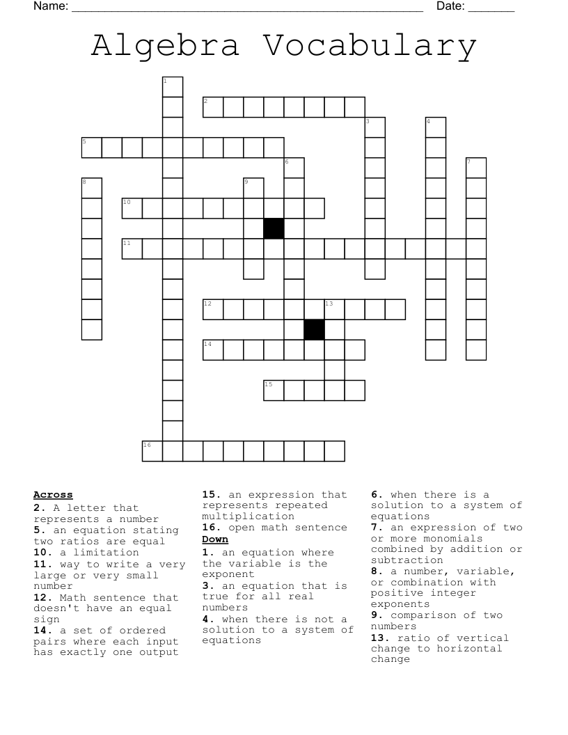 Algebra Vocabulary Crossword