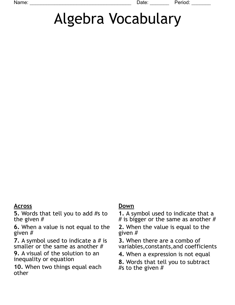 Algebra Vocabulary Crossword