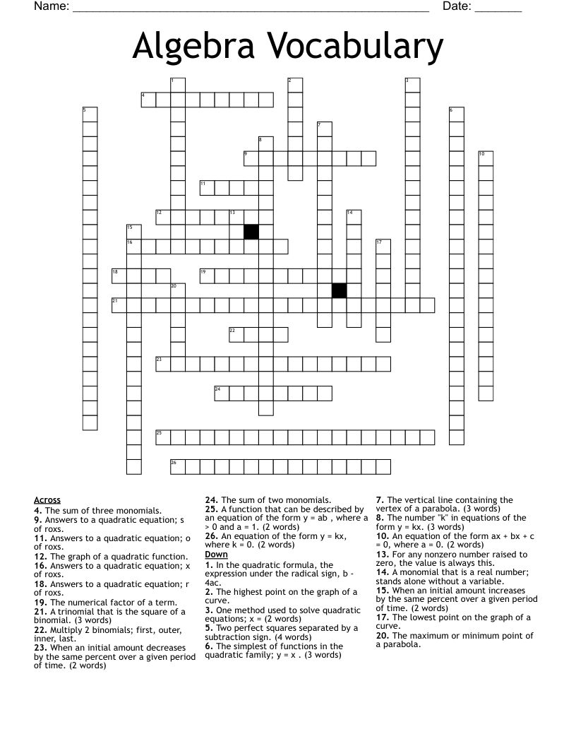 Algebra Vocabulary Crossword