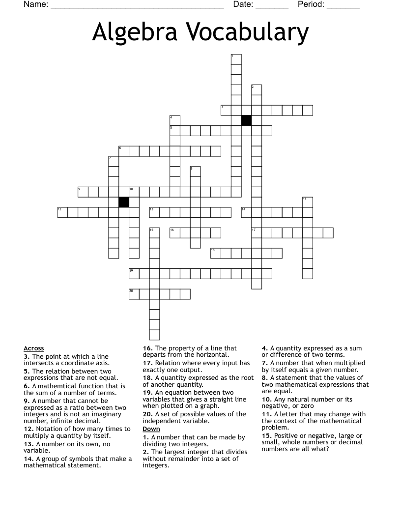 Algebra Vocabulary Crossword