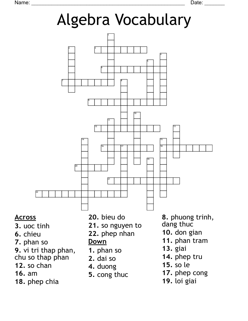 Algebra Vocabulary Crossword