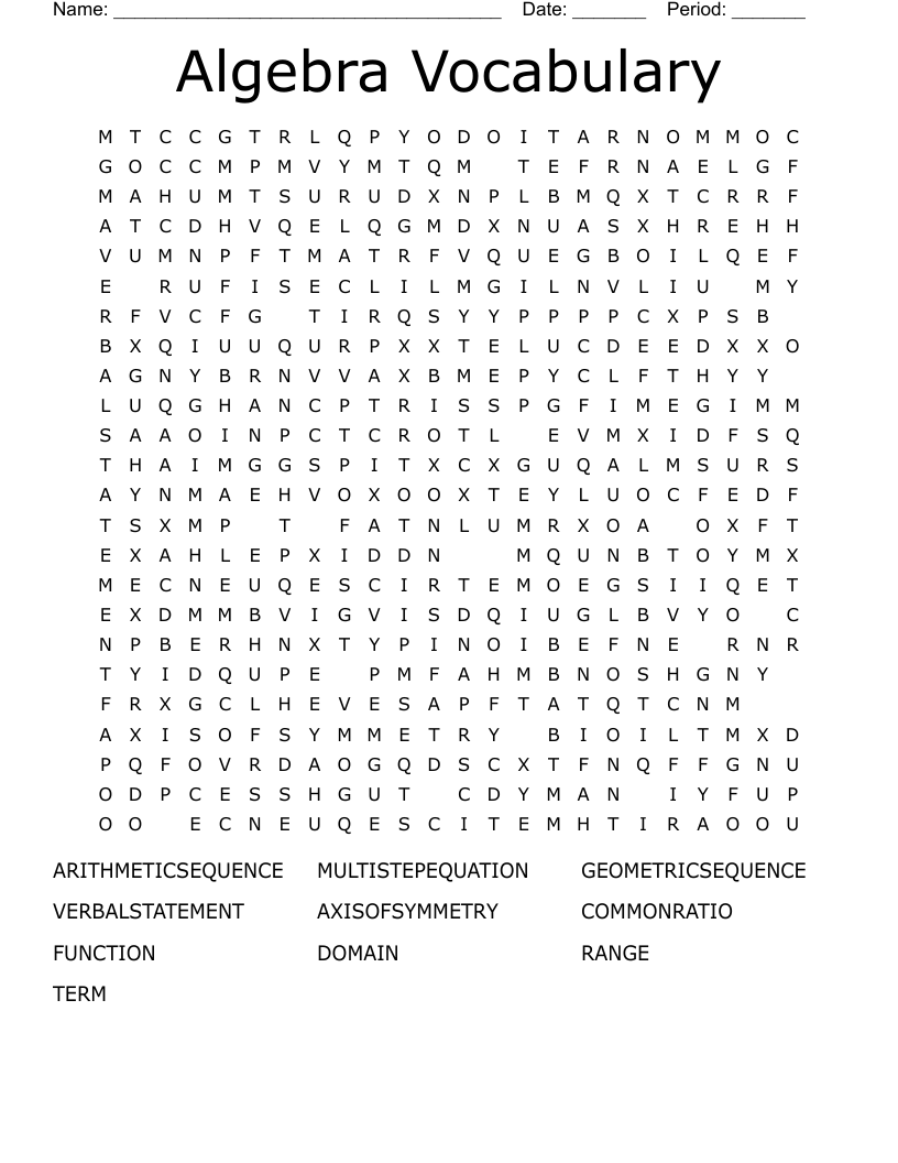 Algebra Vocabulary Word Search
